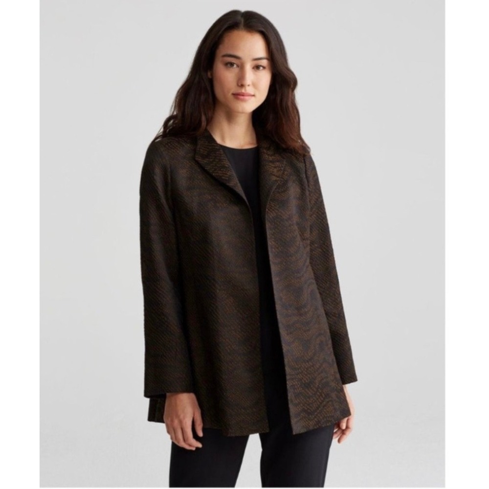 Eileen Fisher Silk Blend Jacquard Wave Jacket Black/Brown Medium Petite